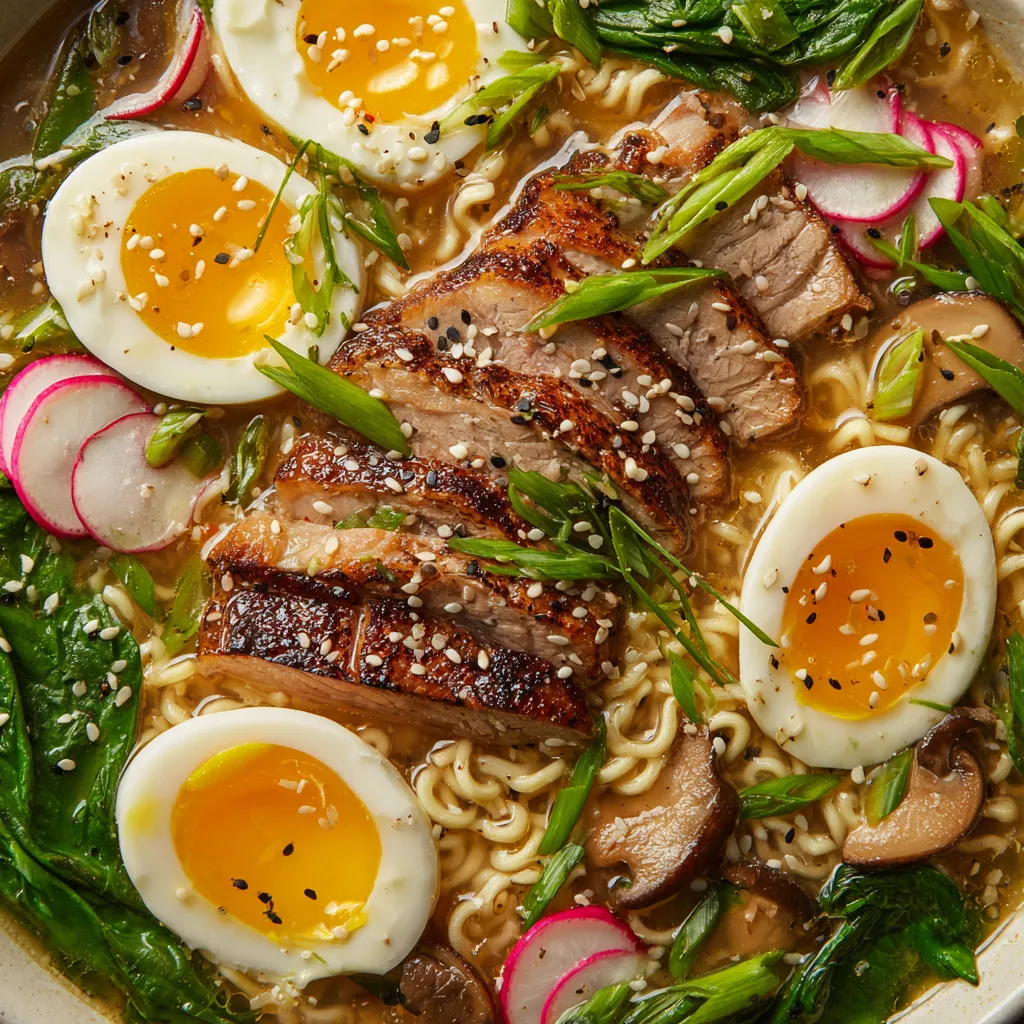 Une image de nourriture asiatique, incluant des œufs, des champignons et du bœuf, est servie dans un bol.
