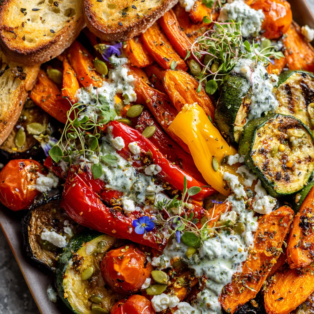 Une assiette de légumes colorés avec des légumes rouges, verts et jaunes.