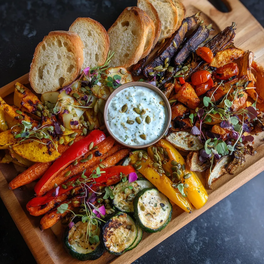 Une plaque de plats de légumes colorés, y compris des carottes, des poivrons et des courgettes, avec une sauce herbacée.