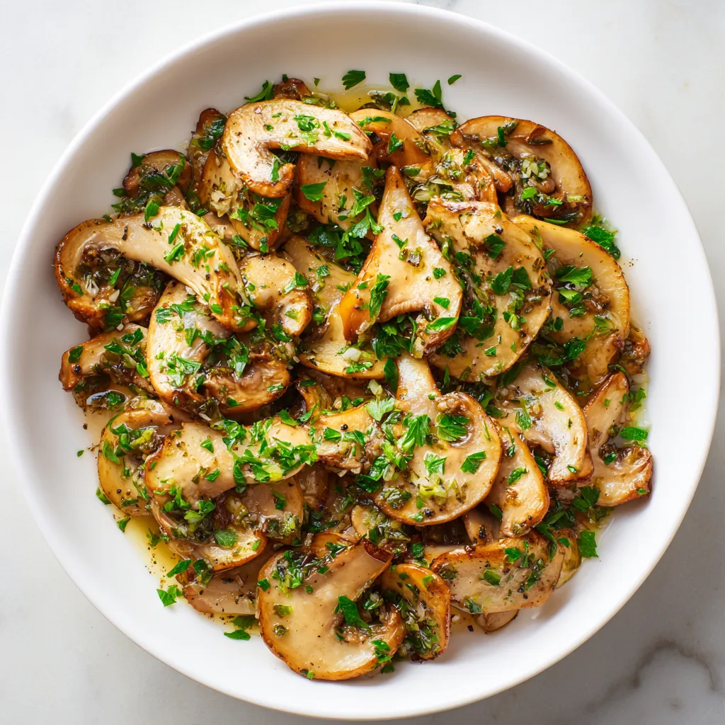 Une assiette de mushrooms avec des herbes vertes.