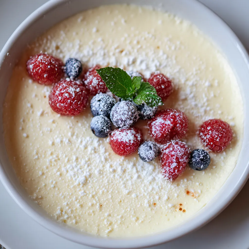Une assiette de crème caramel avec des fruits rouges et verts.