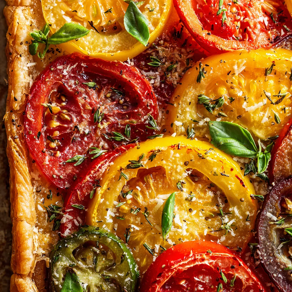 Une tarte fine avec des tomates heirloom et du mustard de grain complet.