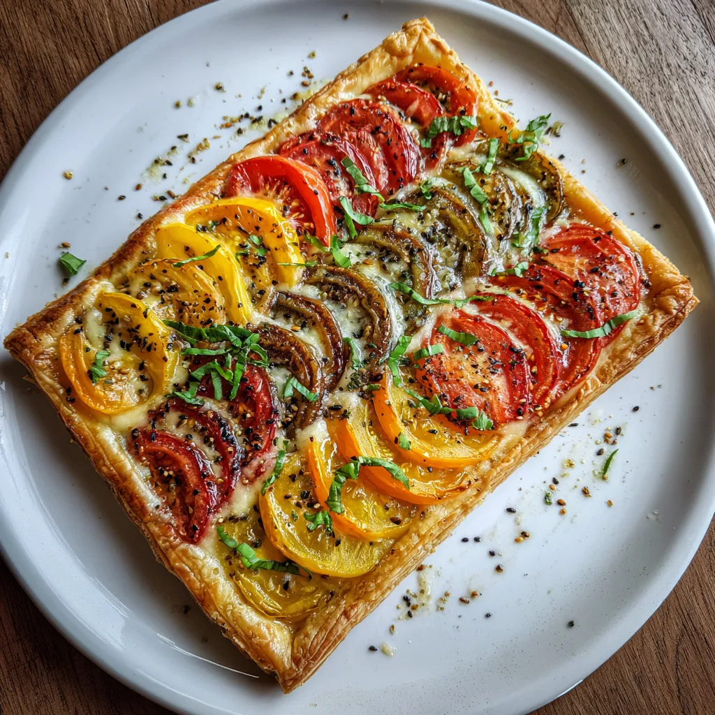 Une tarte aux fruits colorés, avec des tomates, des poivrons et des oignons, est servie sur une plaque blanche.