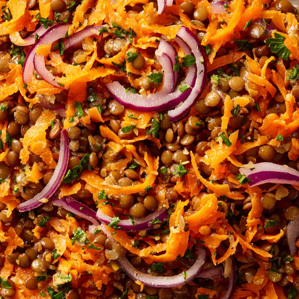 Une salade de lentilles avec des carottes râpées et du cumin.