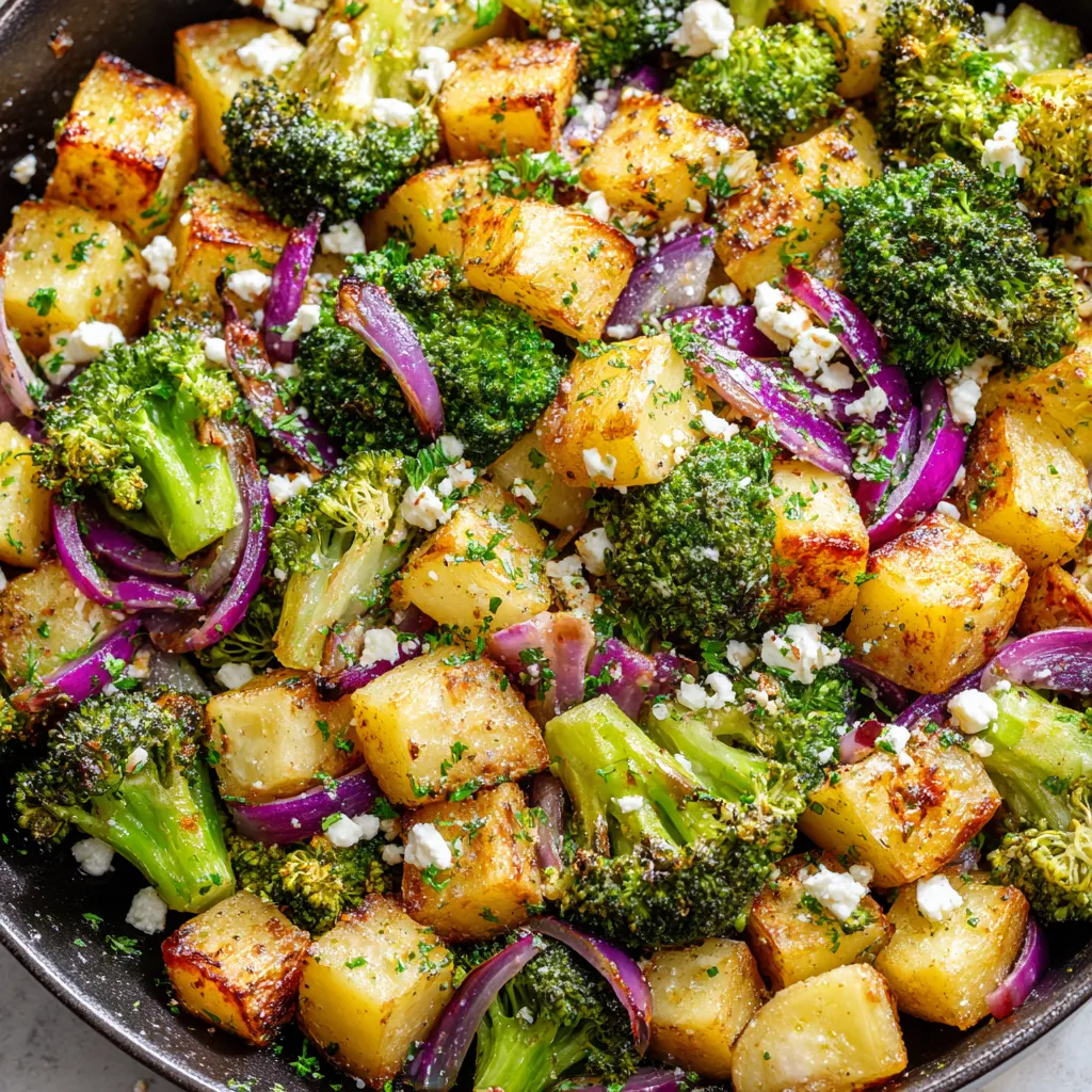 Une assiette de légumes sautés avec des pommes de terre, du brocoli et du fromage feta.