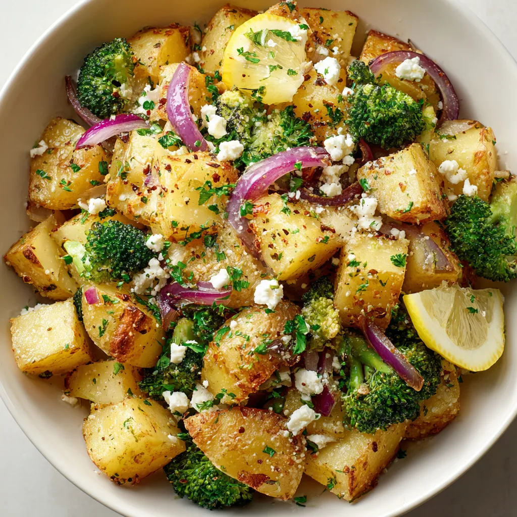 Un plat de légumes et de pommes de terre avec des légumes verts et des pommes de terre rôties.