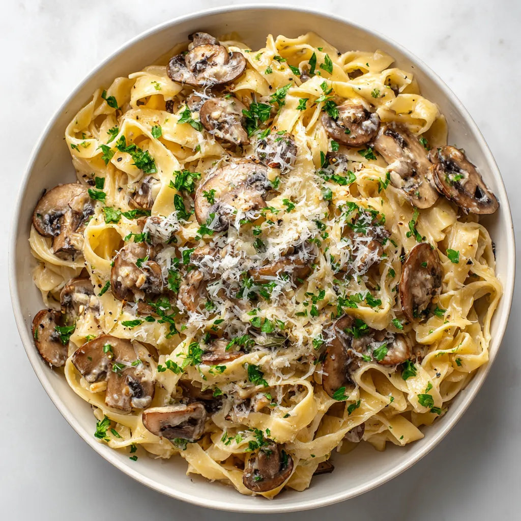 Une assiette de spaghetti avec des champignons et des herbes.