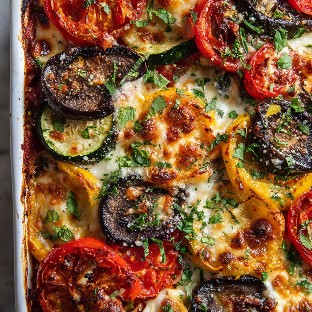 Une image de pizza à la sauce tomate avec des légumes tels que des aubergines, des courgettes, des poivrons et des oignons.