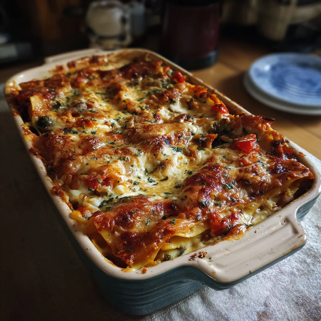 Un plat de lasagna sur un plateau.