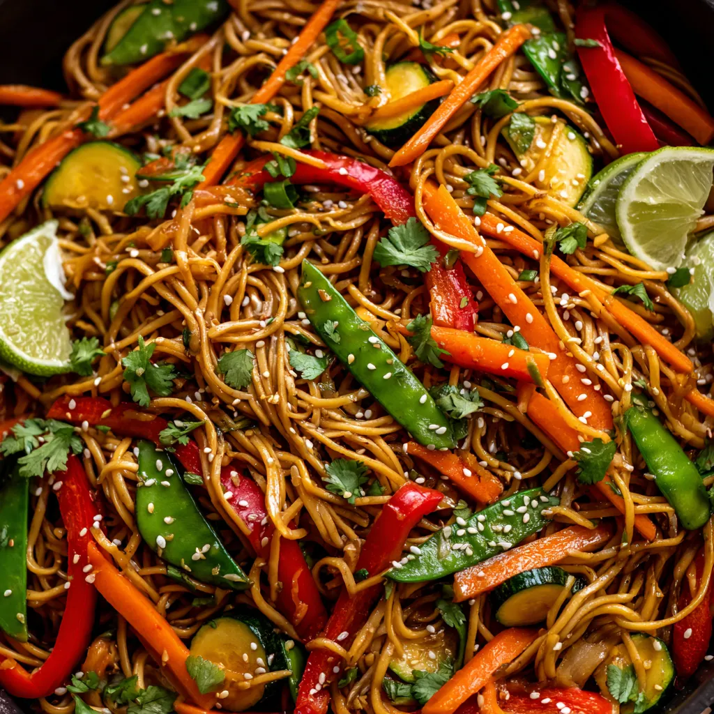 Une assiette de noodles frits avec des légumes crispés.