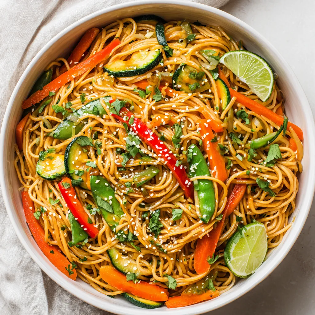 Un plat de noodles avec des légumes et des épices.