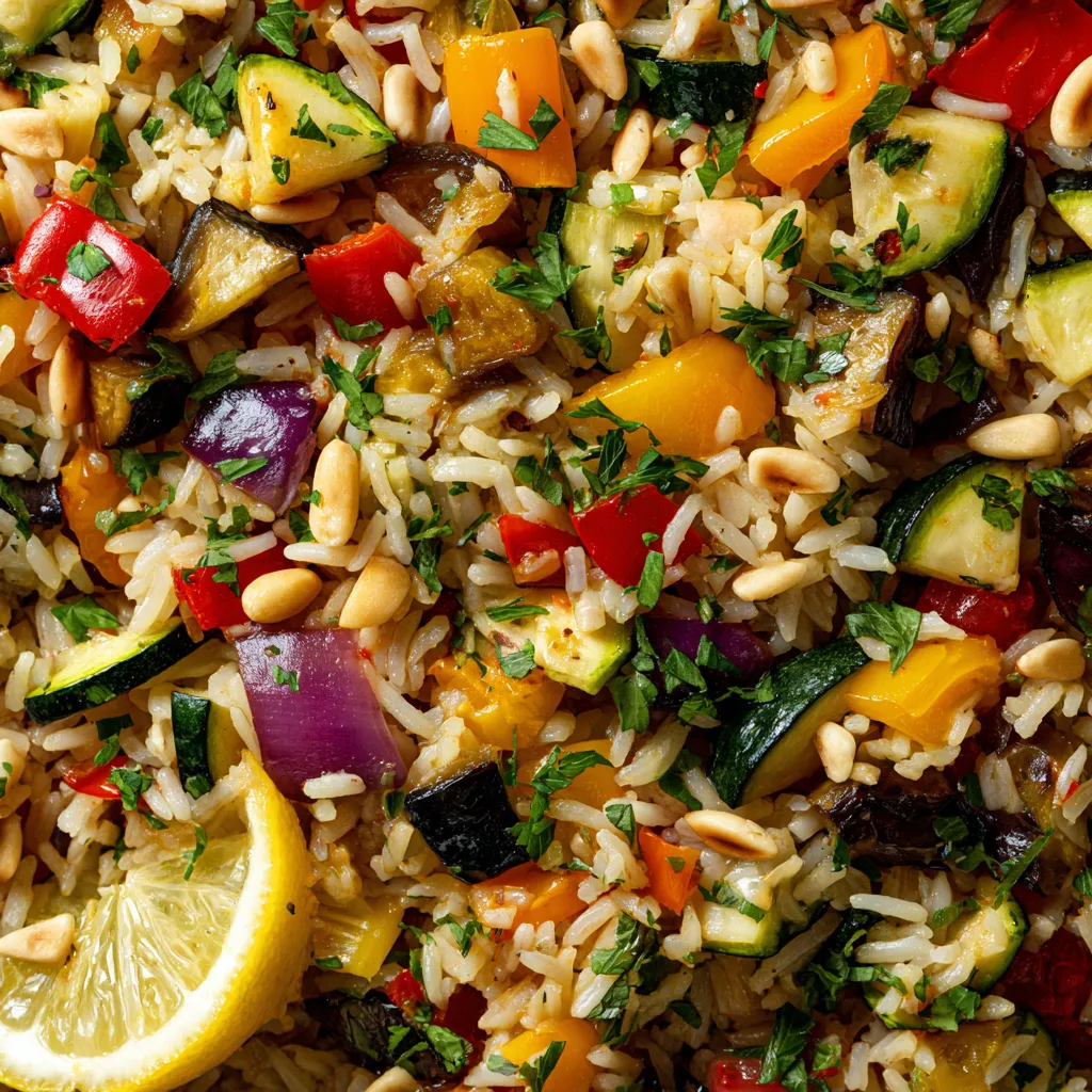 Une assortiment de légumes et de grains de riz cuits dans un plat.