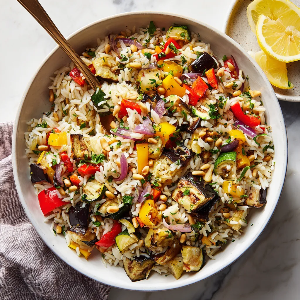 Un plat de riz avec des légumes et des noix.