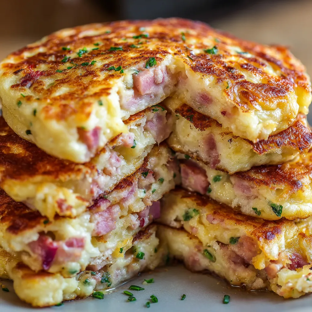 Pancakes savoureux avec du jambon et du fromage.