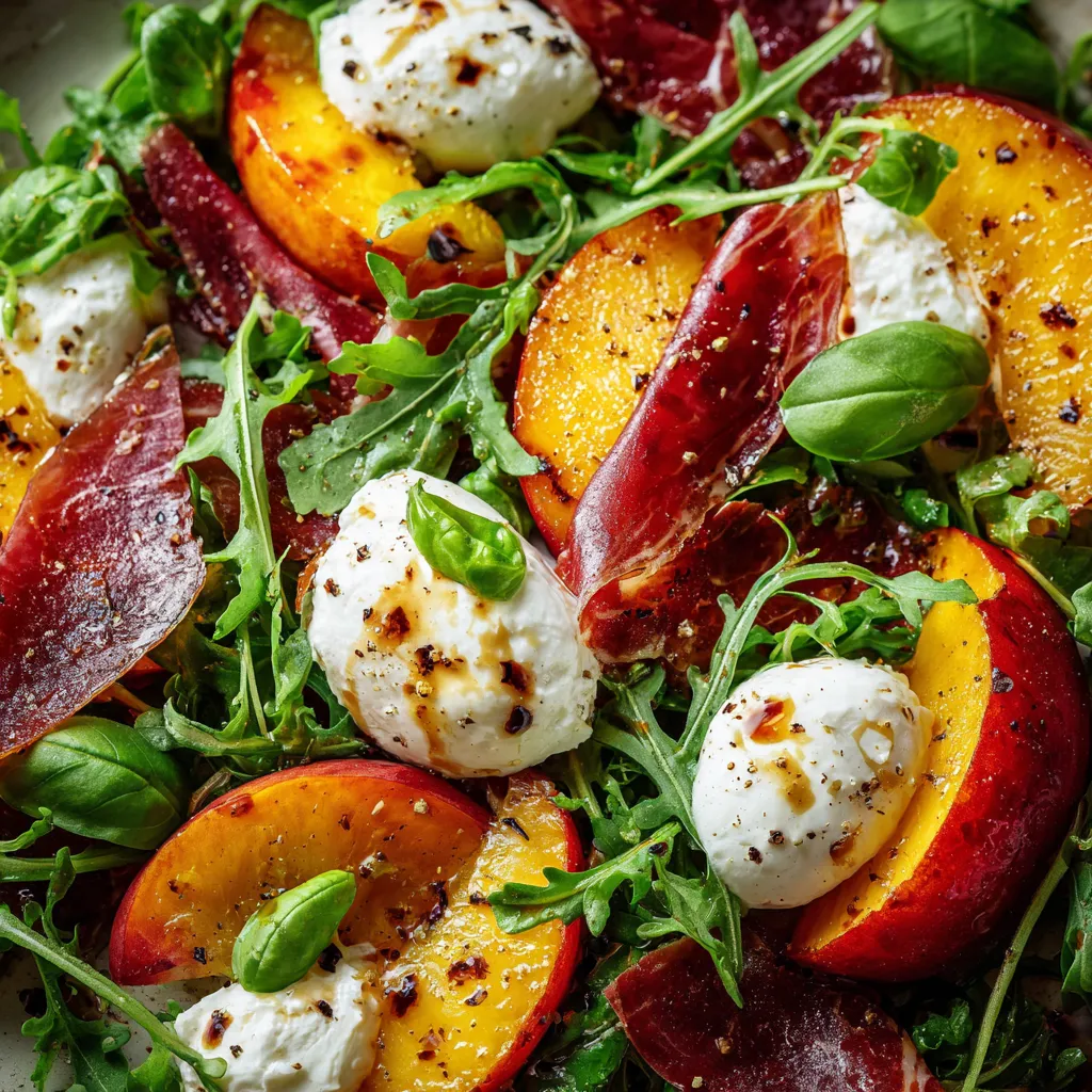 Une salade de grilled peach, burrata et bresaola.