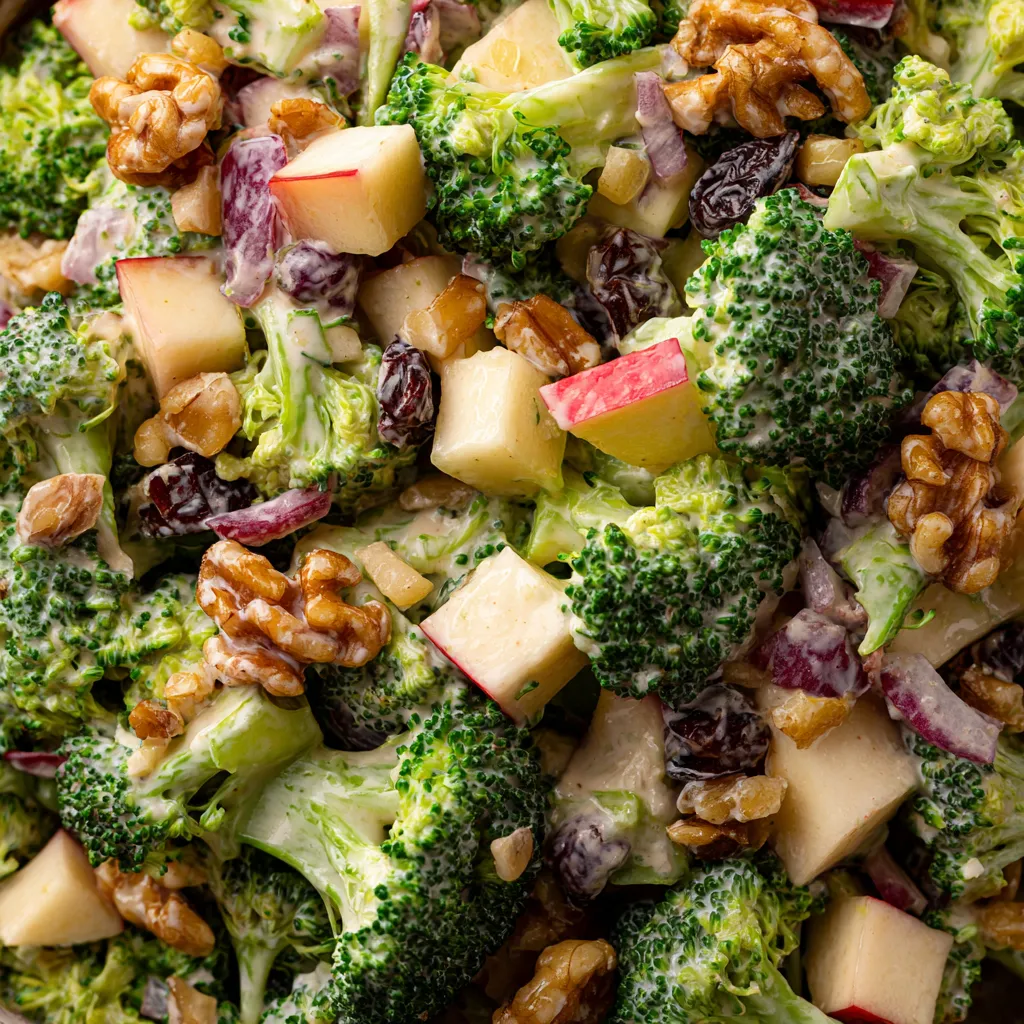Une salade de brocoli et d'apples avec une sauce crémeuse.