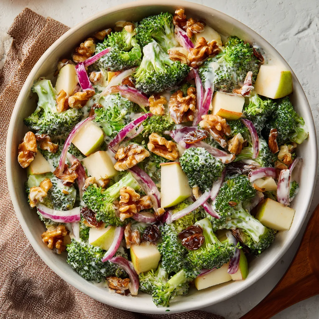 Un plat de salade contenant des brocolis, des noix, des raisins et des pêches.