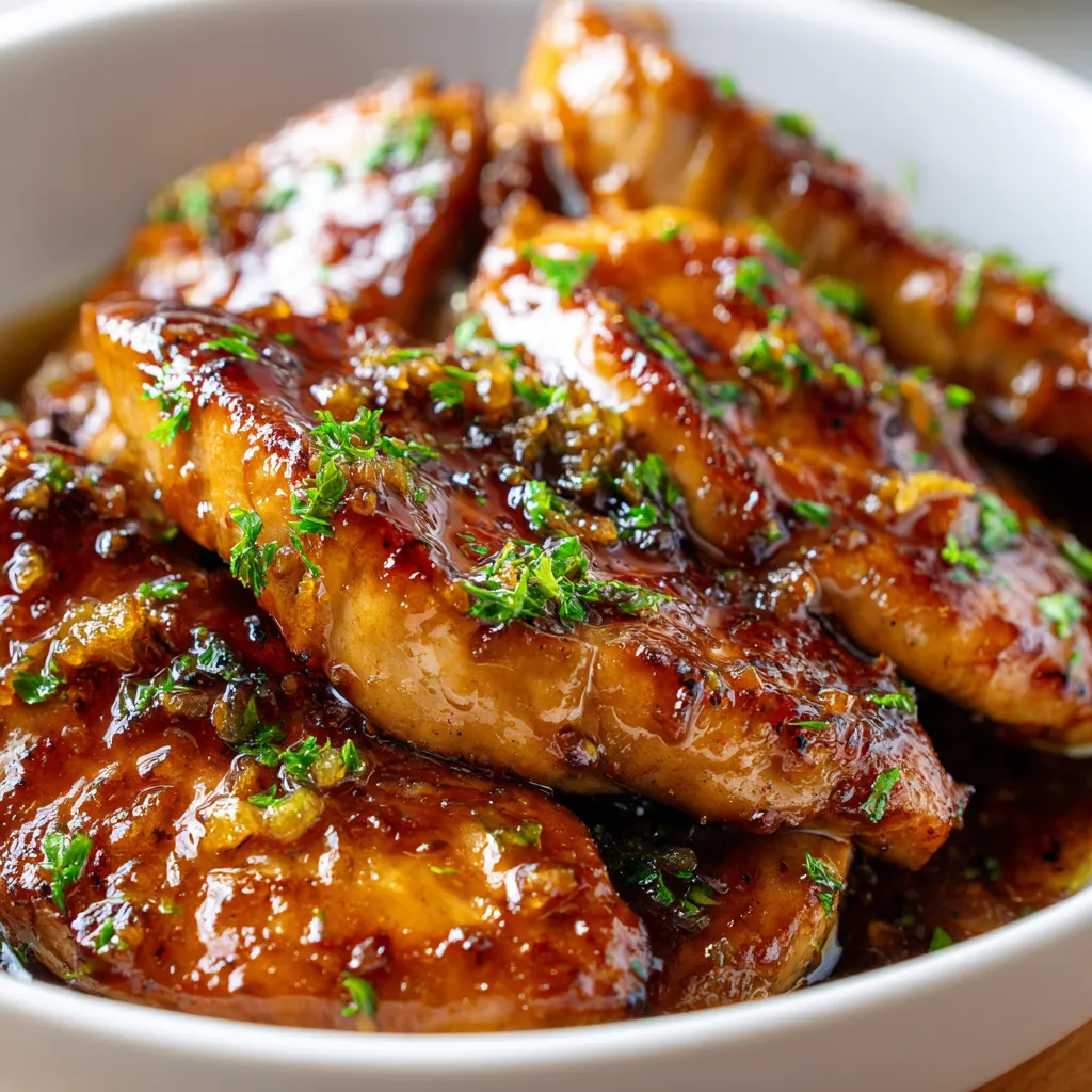 Des escalopes de poulet caramélisés, trempés dans du miel et du sauce soja.