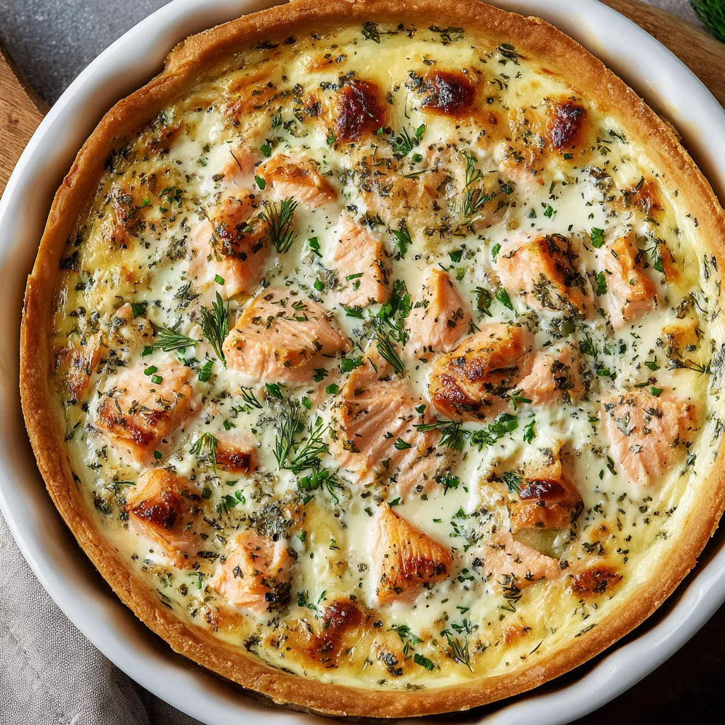 Une quiche salmon et boursin est servie dans un plat en verre.