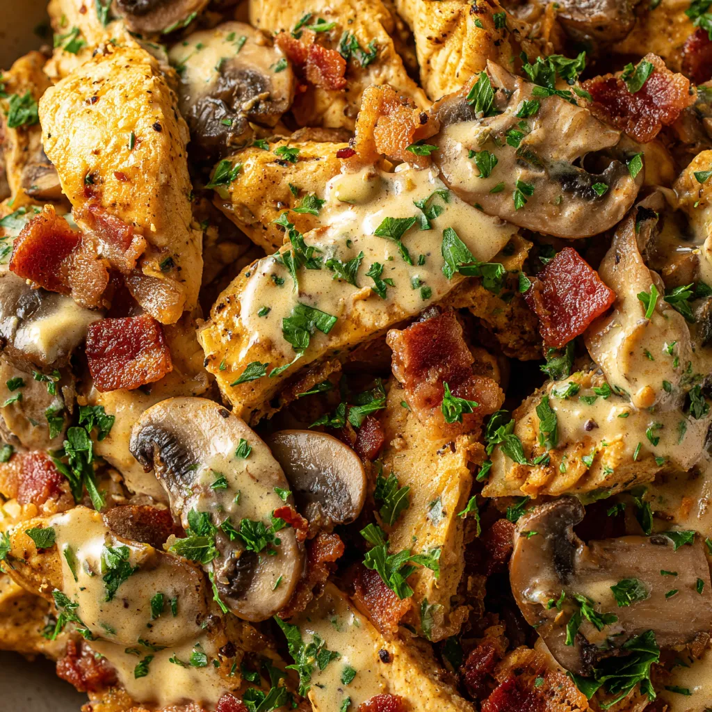 Une assiette de chicken strips avec des champignons, du bacon et du moutarde.
