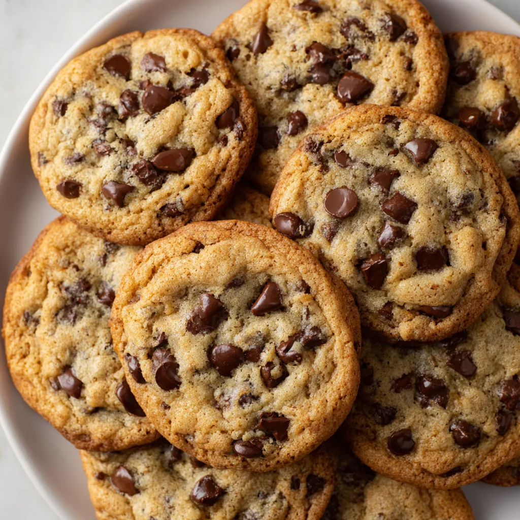 Une pile de biscuits chocolat sur un plateau.