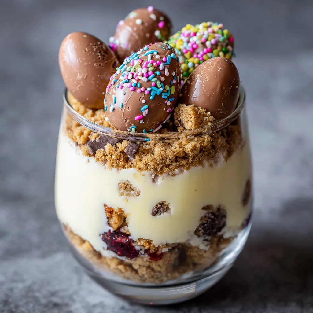 Un dessert en verre contenant des croutons, des noix, des chocolats et des œufs colorés.