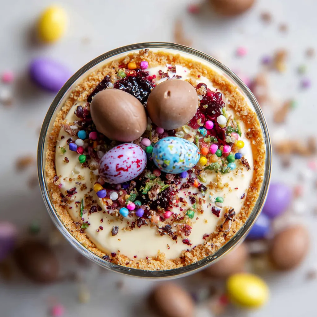 Un dessert dans un verre avec des chocolats, des œufs, des marrons et des M&M's.