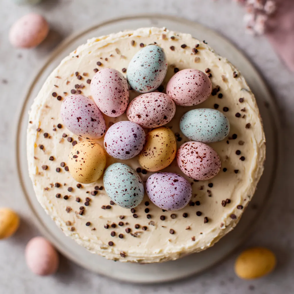 Une cake avec des œufs colorés dessus.