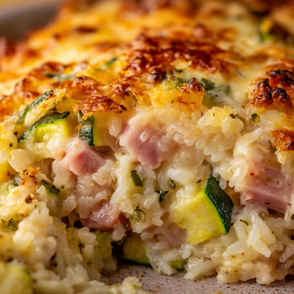 Une pâte de riz, de zucchini et de ham, servie sur un plateau.