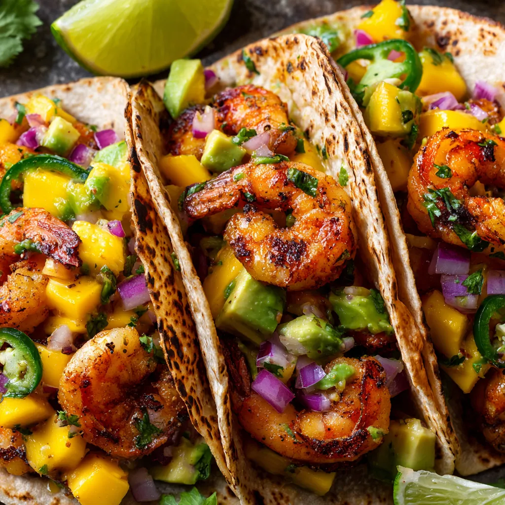 Des tacos de crevettes avec une salsa de mango.