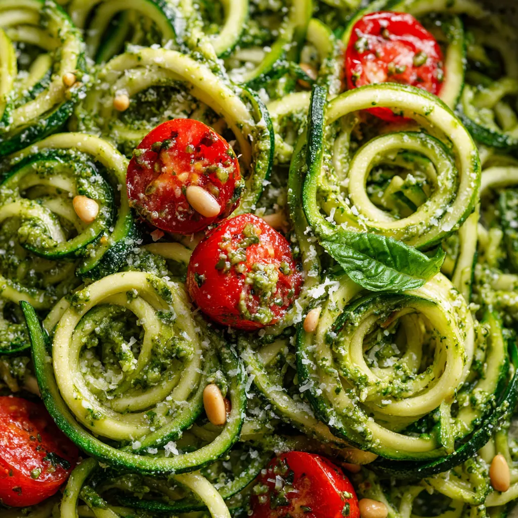 Une assiette de zucchini noodles avec des tomates et du pesto.