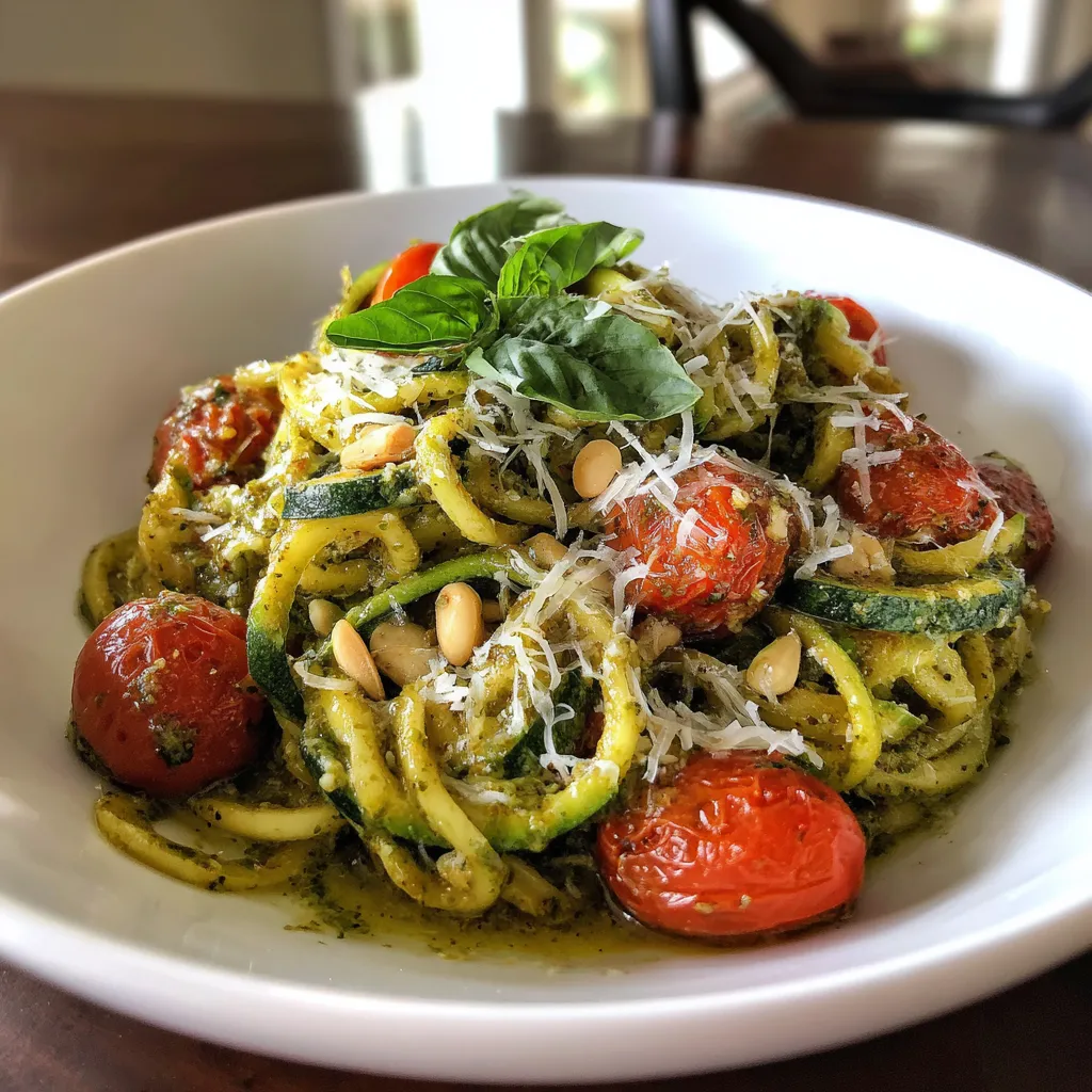 Une assiette de spaghetti avec des tomates, des zucchini et des herbes.