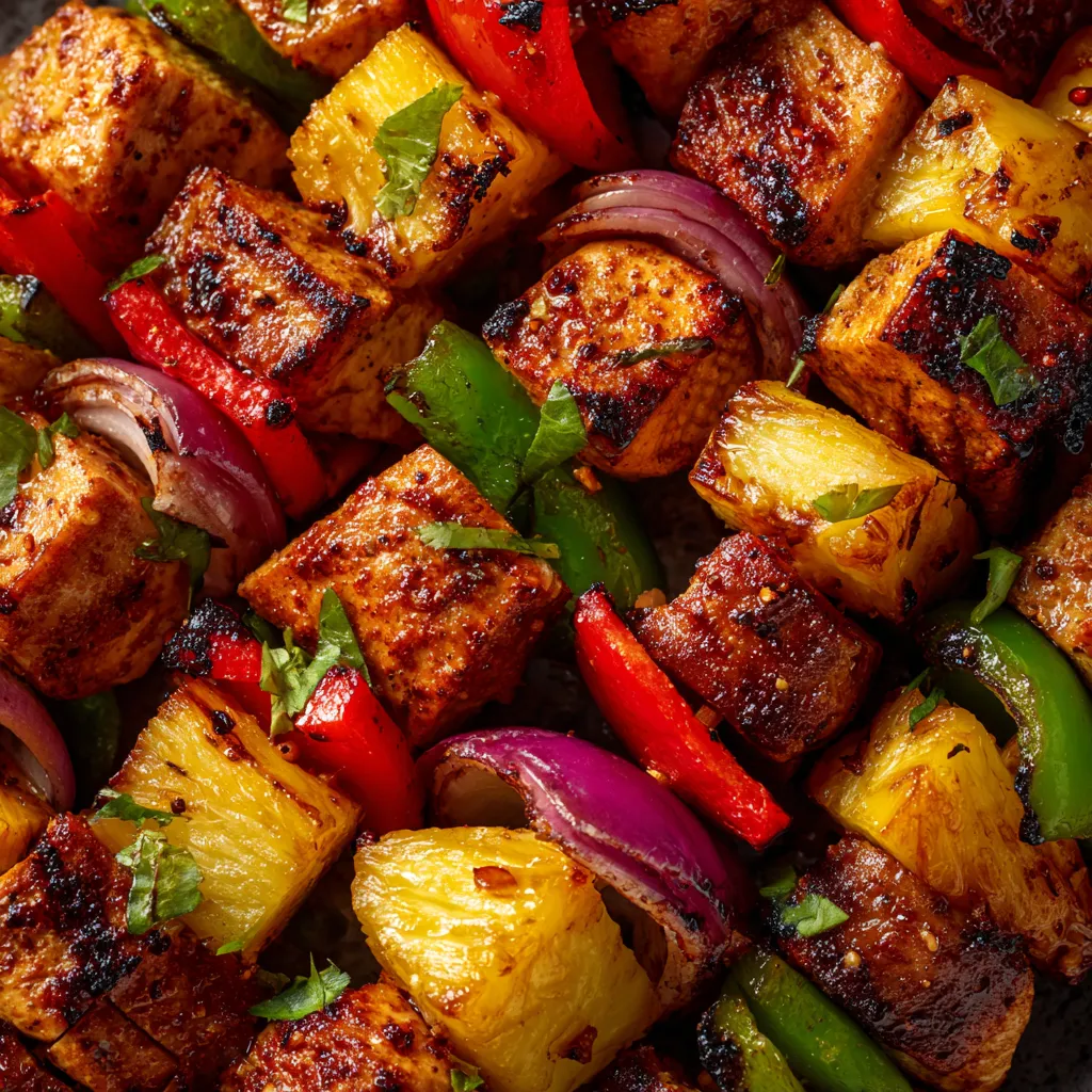 Des brochettes de poulet grillé avec des fruits de pineapple et des oignons.