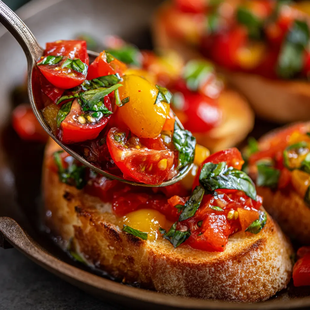 Une assiette de bruschetta avec des tomates et des herbes.