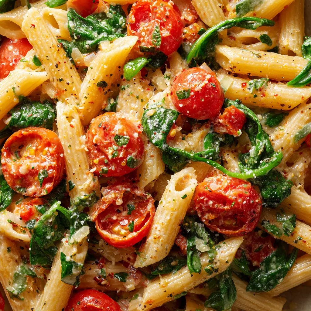 Une image de pâtes avec des tomates, des épinards et des herbes.