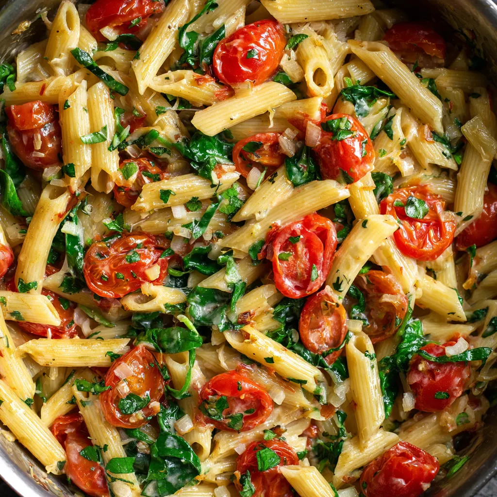 Une casserole de pasta avec des tomates cerises et des herbes.