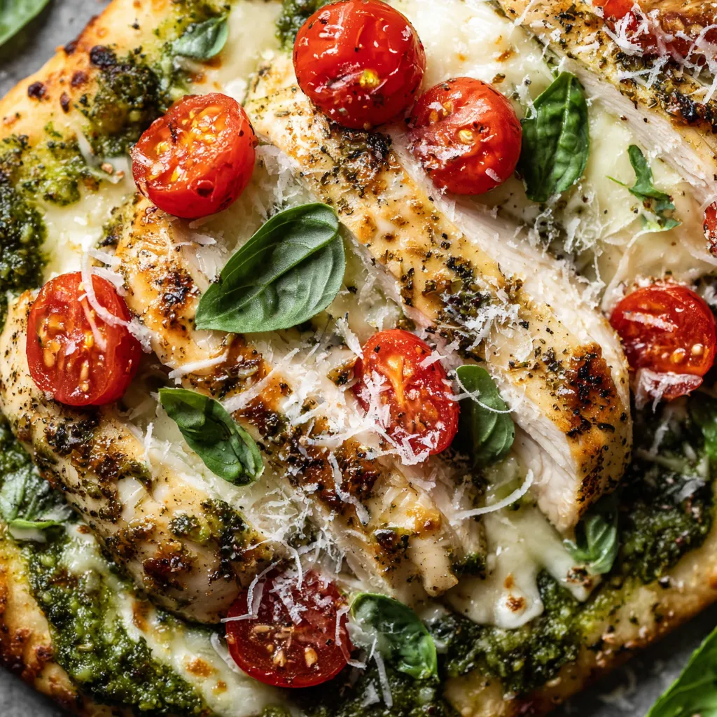 Une grilled pesto chicken flatbread avec des tomates et des herbes.