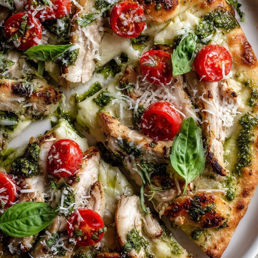 Une pizza avec des tomates, des herbes et des légumes verts.