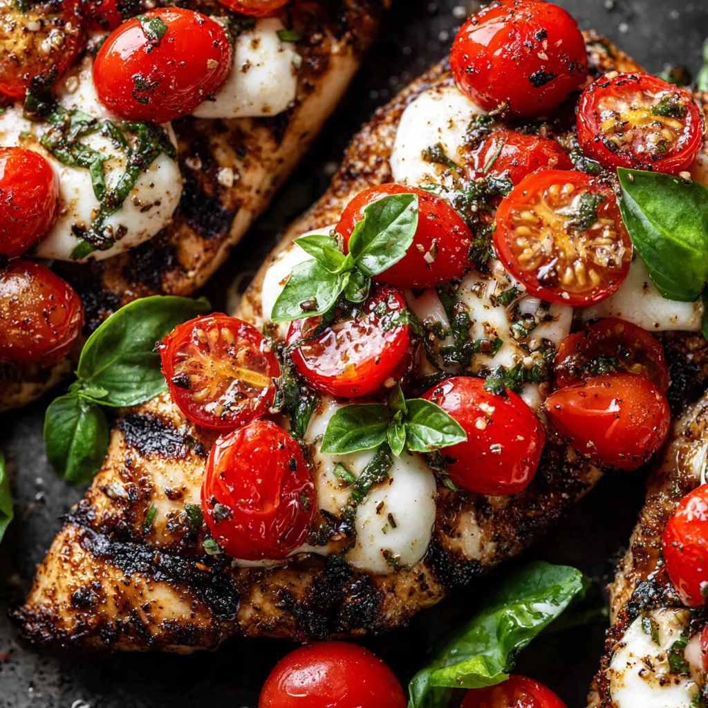 Une image de chicken grillé avec des tomates et des herbes.