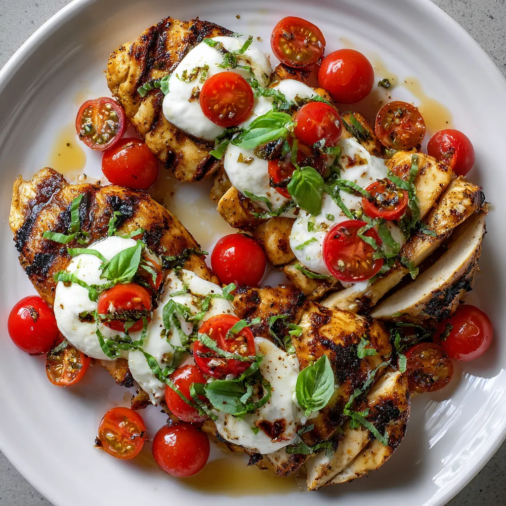 Une assiette de poulet grillé avec des tomates et des herbes.