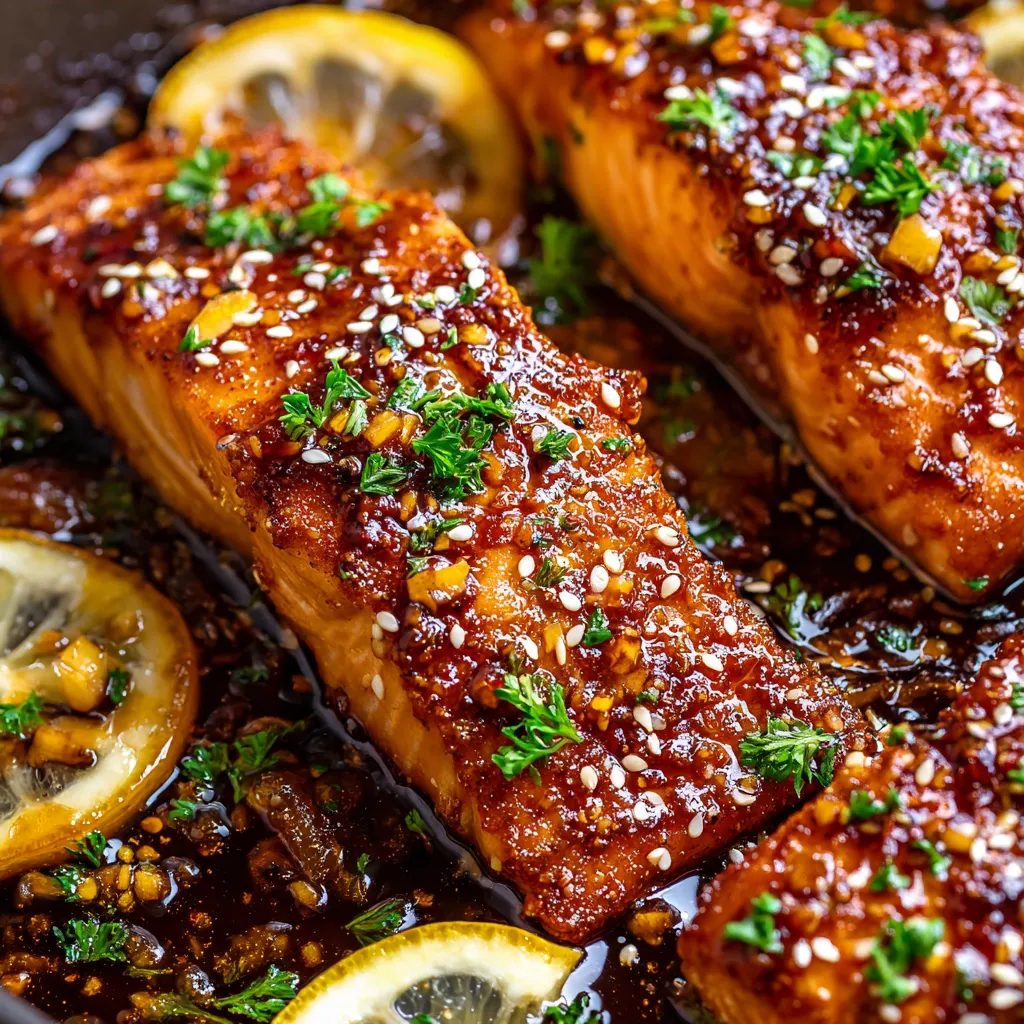 Salmon grillé avec une sauce de miel et de curcuma.