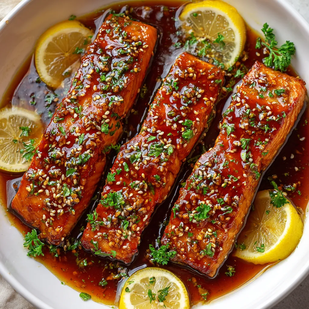 Une assiette contenant des filets de saumon, des citrons et des herbes.