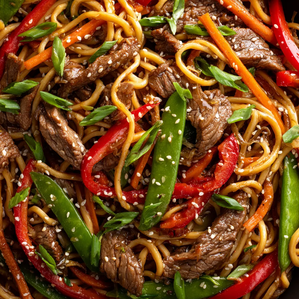 Une assiette de stir-fry de bœuf avec des haricots verts et des carottes.