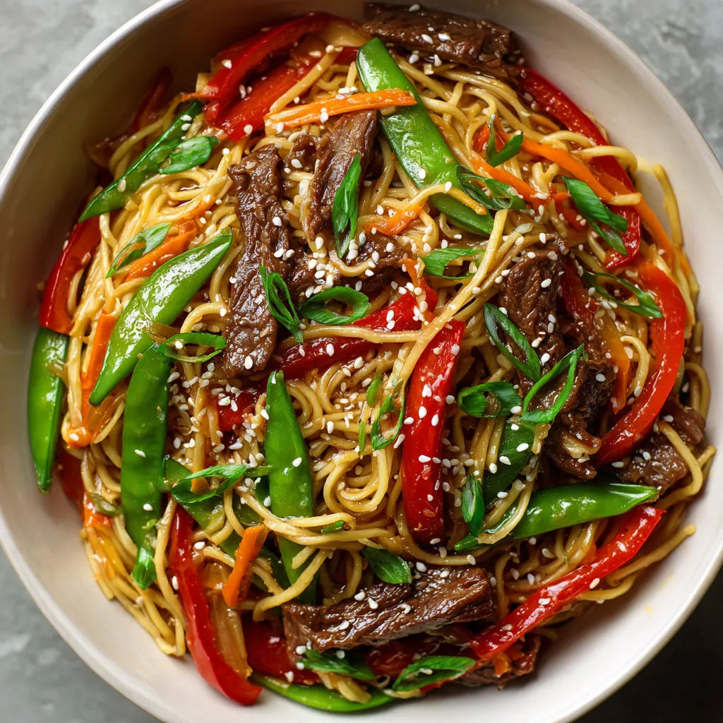 Une assiette de noodles avec des légumes et du bœuf.