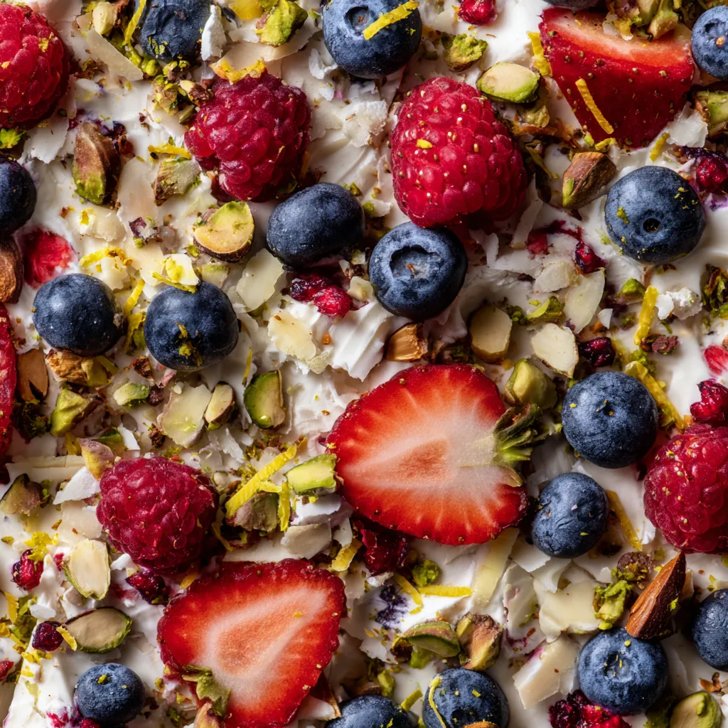 Une image de desserts garnis de fruits rouges et bleus, de noix et de graines, avec une base de crème glacée.