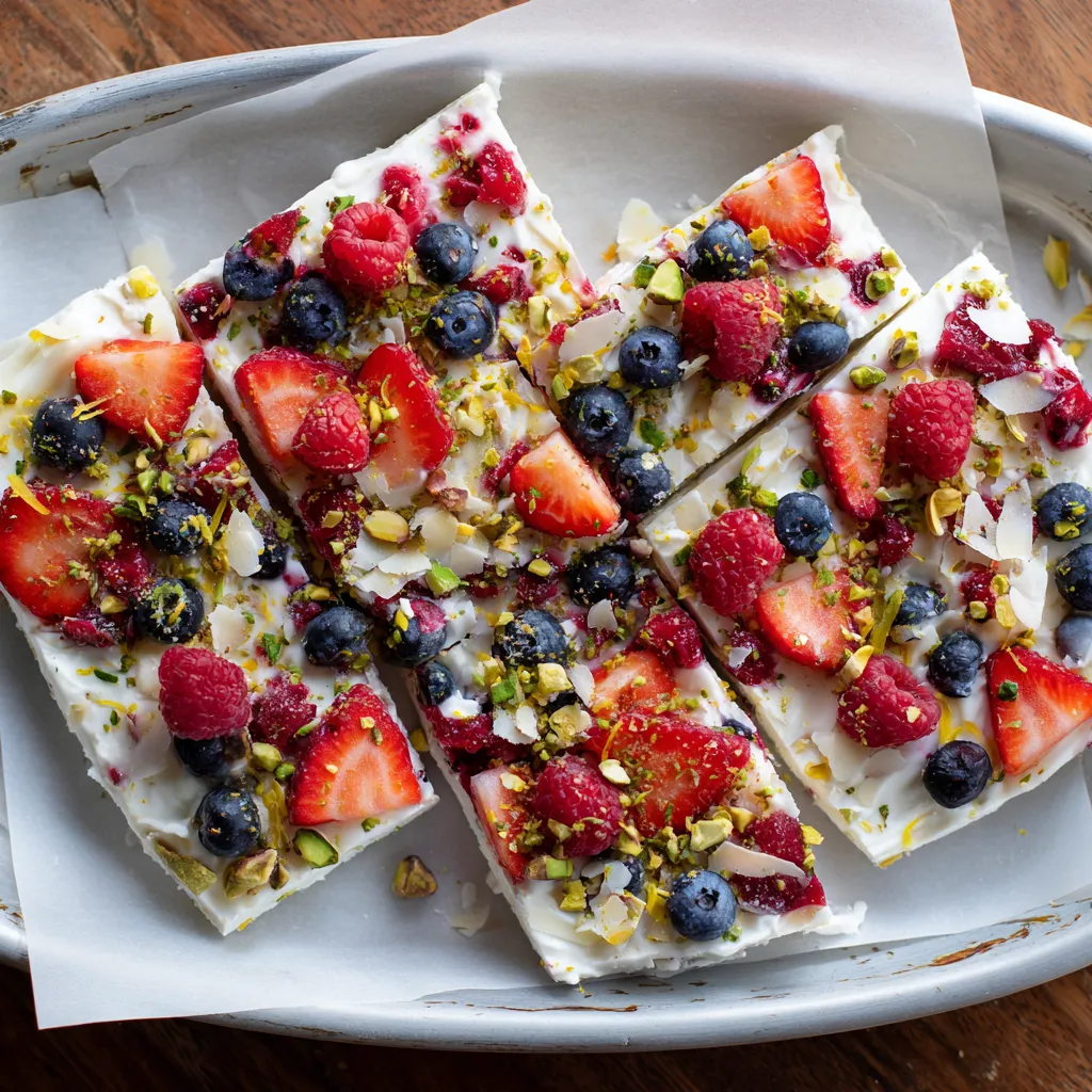 Une plaque de desserts colorés avec des morceaux de fruits tels que des fraises, des myrtilles et des framboises.