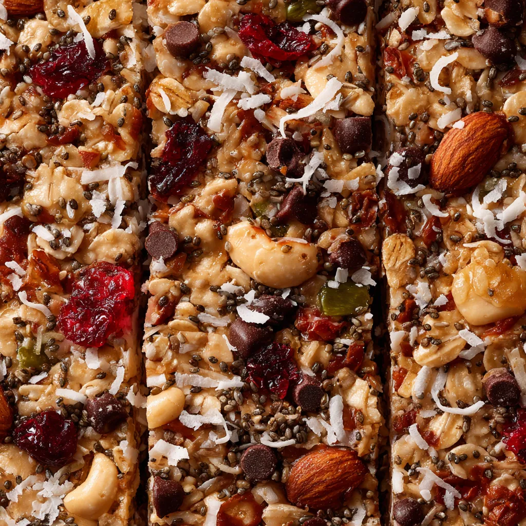Des barres de granola sans cuisson, avec des ingrédients tels que des noix, des graines de cacahuète, des raisins et des chocolats.