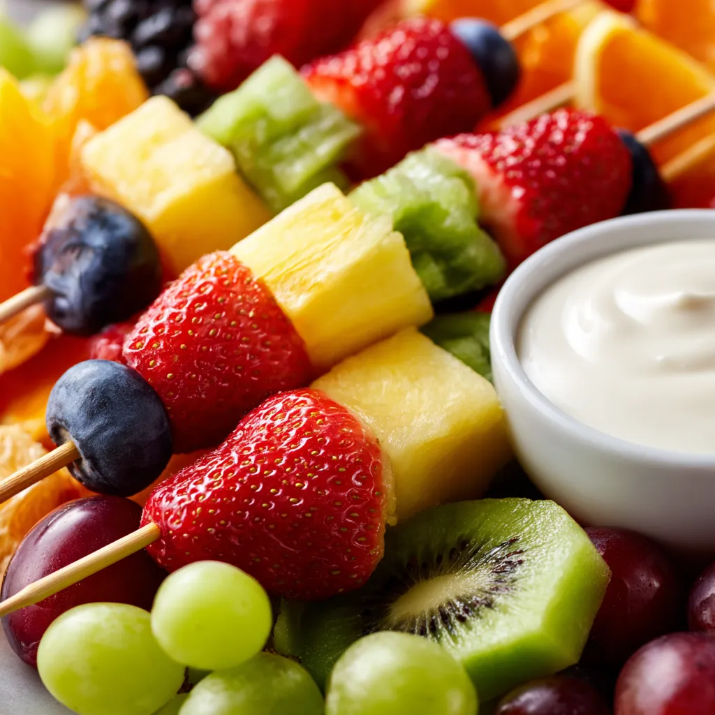 Une assortiment de fruits colorés sur des bâtons, avec une sauce yogourt pour accompagner.