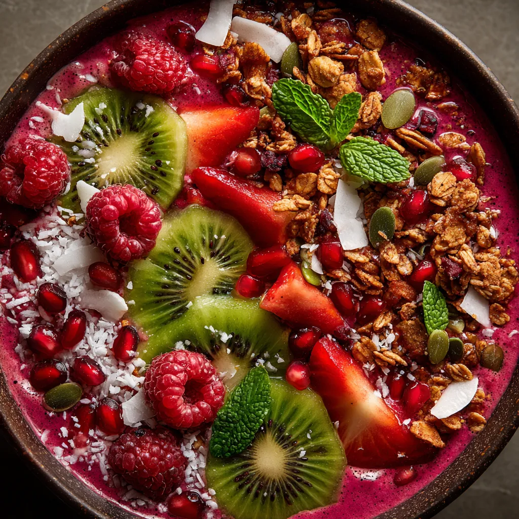 Un plat de fruits et de granola avec des fruits frais et des granola.