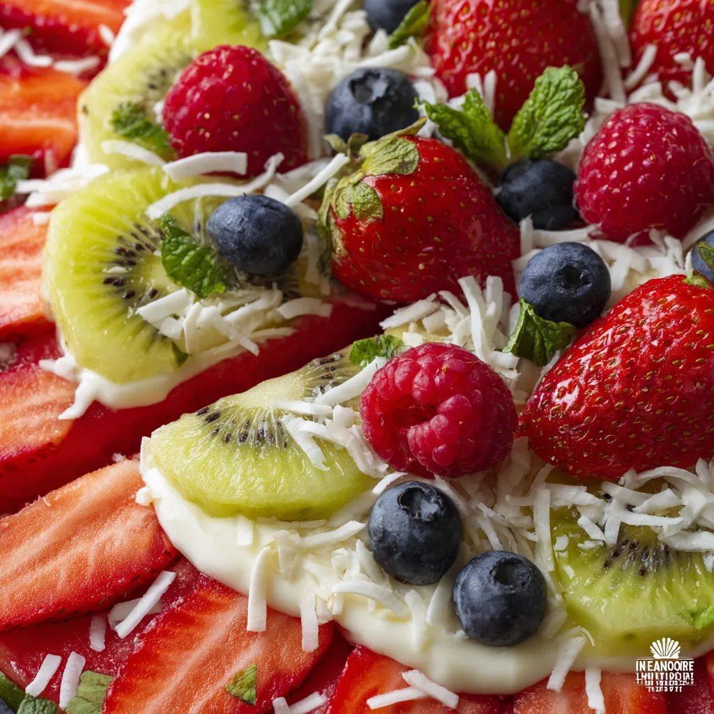 Une pizza composée de fruits et de crème.